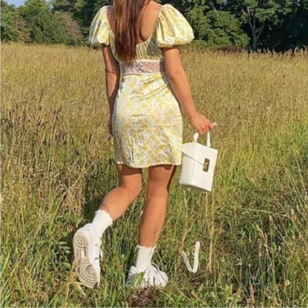 For Love & Lemons Daffodil Floral Sheer Puff Sleeve Lace Dress NWT Size Small